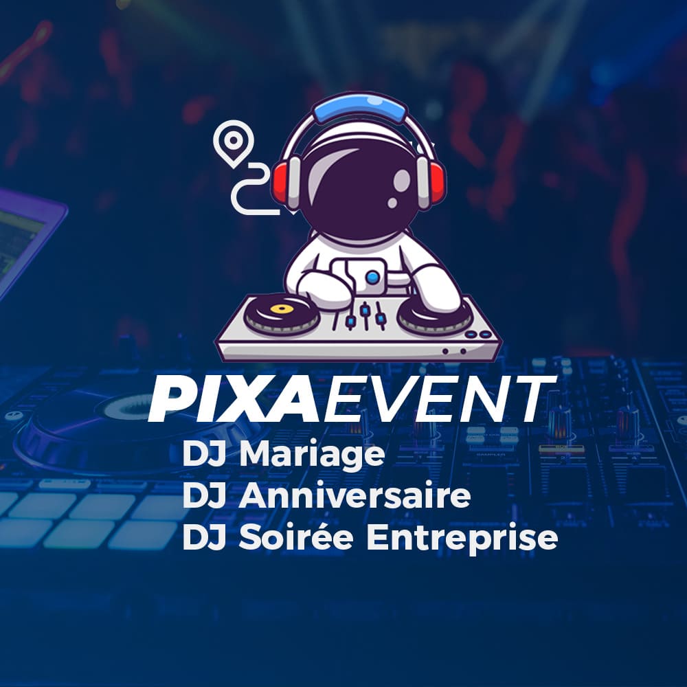 Logo stylisé de DJ Pixa Event, représentant modernité et professionnalisme dans l'événementiel musical